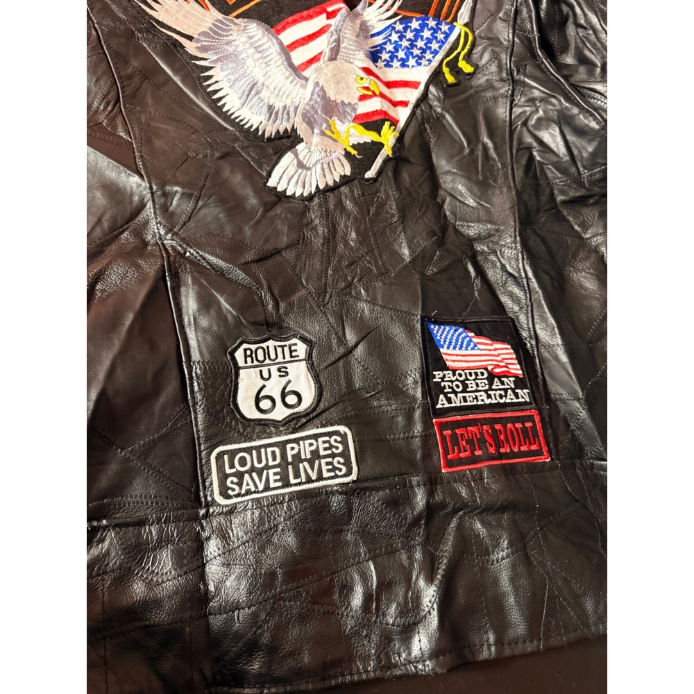 Diamond Plate Buffalo Leather Biker Jacket Mens XL Patchwork Live To Ride Eagle - Picture 13 of 15